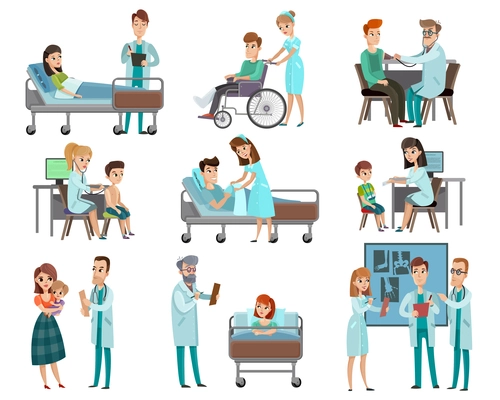 Set of characters doctors and patients during examination, discussion x-ray, hospital treatment isolated vector illustration