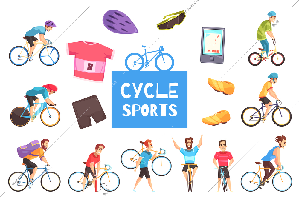 Cycle racing sports participants and apparel isolated on white background cartoon vector illustration