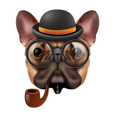 Colored realistic vintage hipster bulldog composition with stylish dog dressed in hat and glasses vector illustration