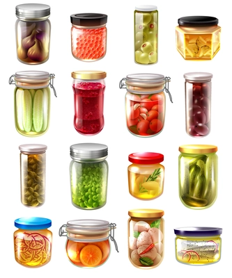 Set of canned food in glass jars with fruit jams, pickled vegetables, fish, caviar isolated vector illustration