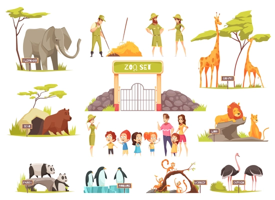 Cartoon set of happy children with their parents looking at various animals at zoo isolated on white background vector illustration