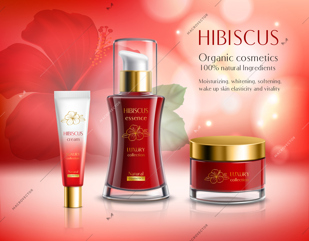 Cosmetics series hibiscus with essence and creams composition on red blurred sparkling background with flower vector illustration