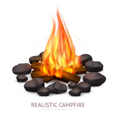 Realistic campfire composition with images of lump wood on fire with stones flame and editable text vector illustration