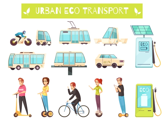 Cartoon set of various kinds of urban eco transport and people using it isolated on white background vector illustration