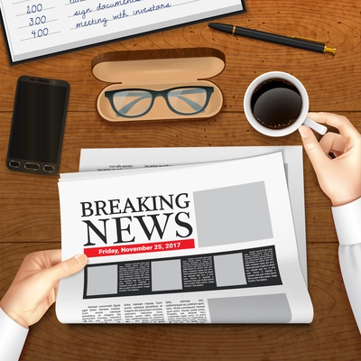 Realistic business newspaper with breaking news in male hands design top view on wooden background vector illustration