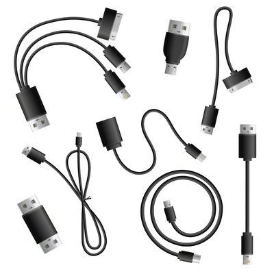 Realistic adapter cable connectors types collection of isolated data exchange and multimedia adapter computer cable images vector illustration