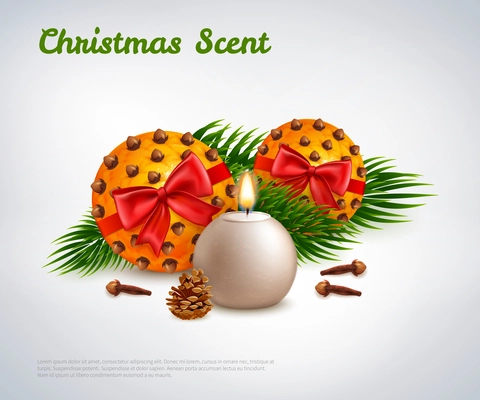 Christmas scent design concept with aroma candle pinecone spruce twig christmas balls realistic vector Illustration