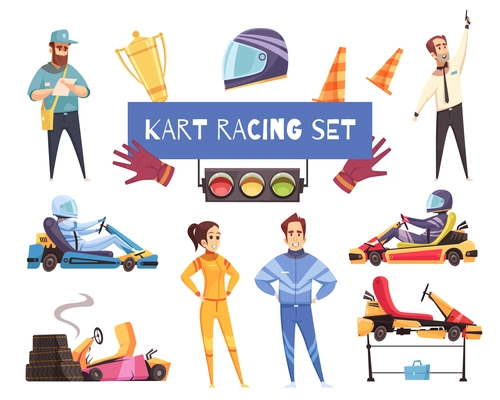 Colorful set of karting racers and equipment isolated on white background cartoon vector illustration