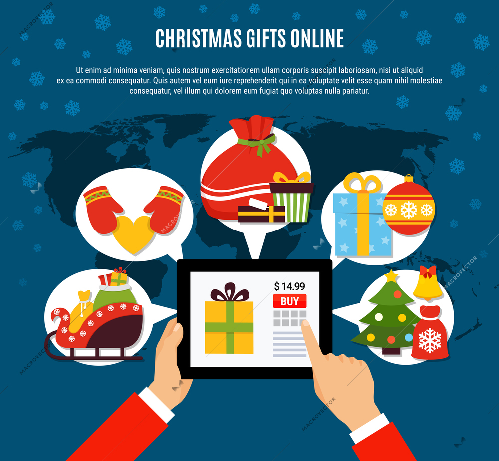 Christmas gifts buying online composition with mobile device in hands, presents, decorations on blue background vector illustration