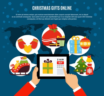 Christmas gifts buying online composition with mobile device in hands, presents, decorations on blue background vector illustration