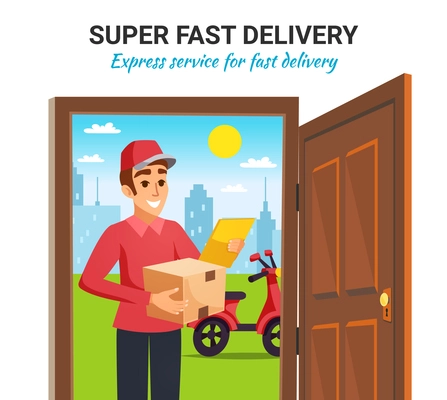 Fast express delivery service with smiling motorcycle courier holding parcel box at customer door colorful vector illustration