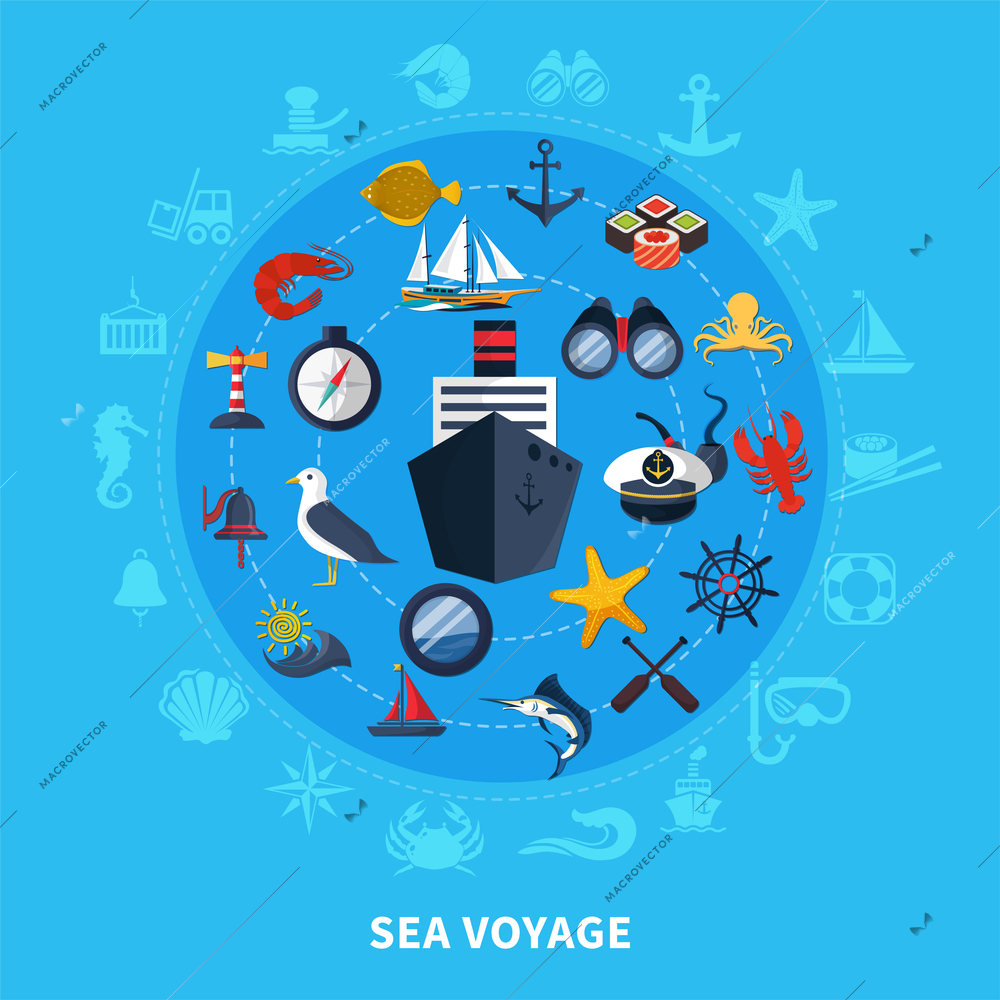 Nautical concept with ship seagull and compass on blue background flat vector illustration