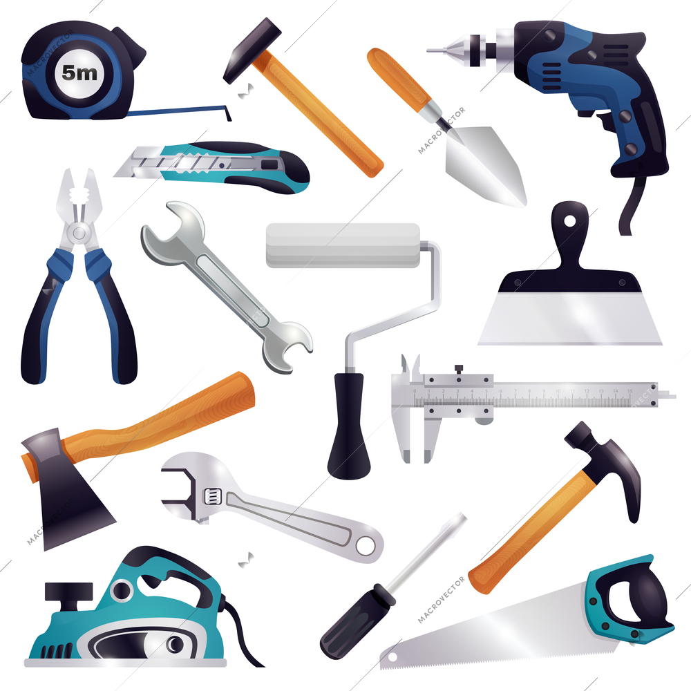 Building construction renovation remodeling realistic carpentry woodwork tools set with axe claw hammer saw screwdriver vector illustration