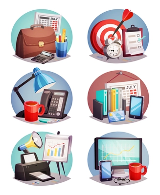 Business attributes symbols 6 round colorful icons set with laptop growth diagram and office supply isolated vector illustration