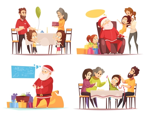 Tired santa claus with presents and people celebrating christmas 2x2 design concept isolated on white background cartoon vector illustration