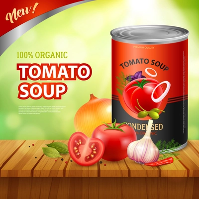 Can of tomato soup background with packshot of preserved food with vegetable images on wooden table vector illustration
