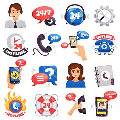 Call contact and customer support centers hotline 24 hours services colorful symbols icons collection isolated vector illustration