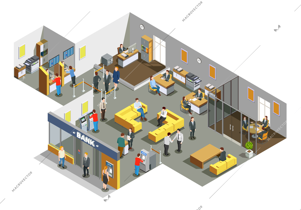 Bank offices interior with customers in waiting area and accounting clerks attending clients isometric composition vector illustration