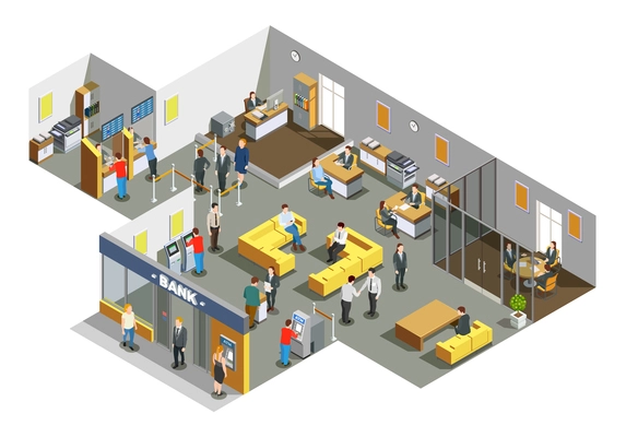 Bank offices interior with customers in waiting area and accounting clerks attending clients isometric composition vector illustration