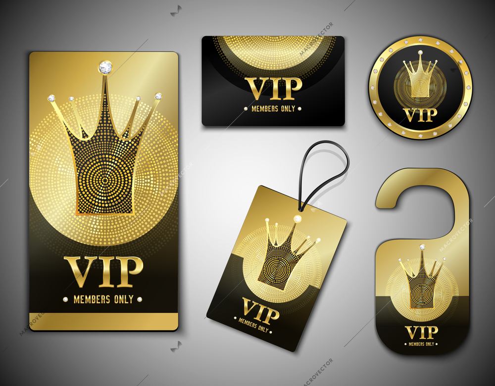 Vip member elements set with cards, label, token, design template in black golden colors isolated vector illustration