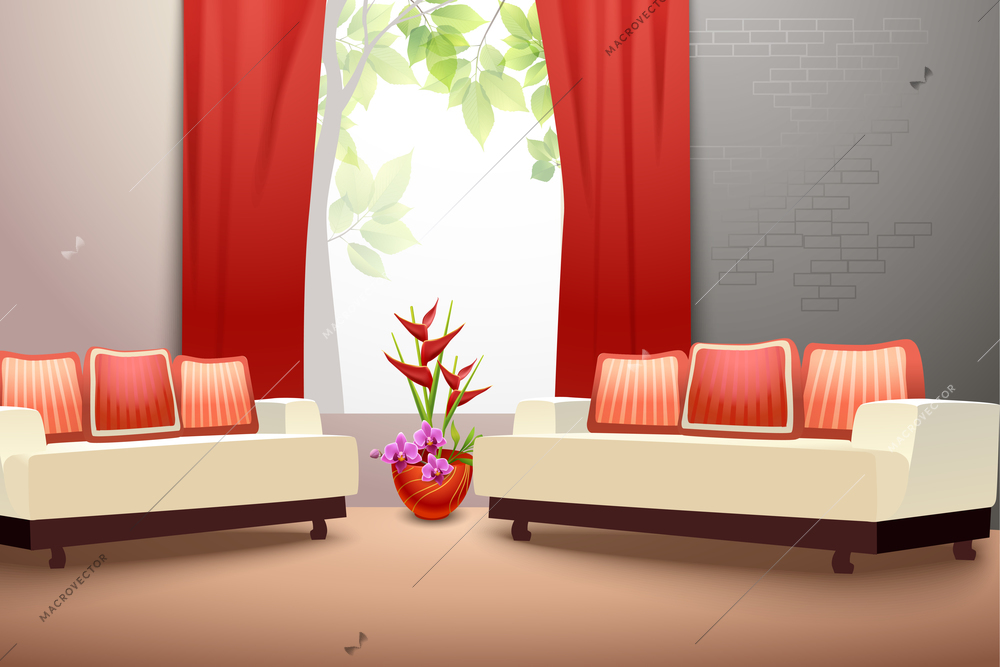 Interior indoor living room design with couch vase and window curtains vector illustration