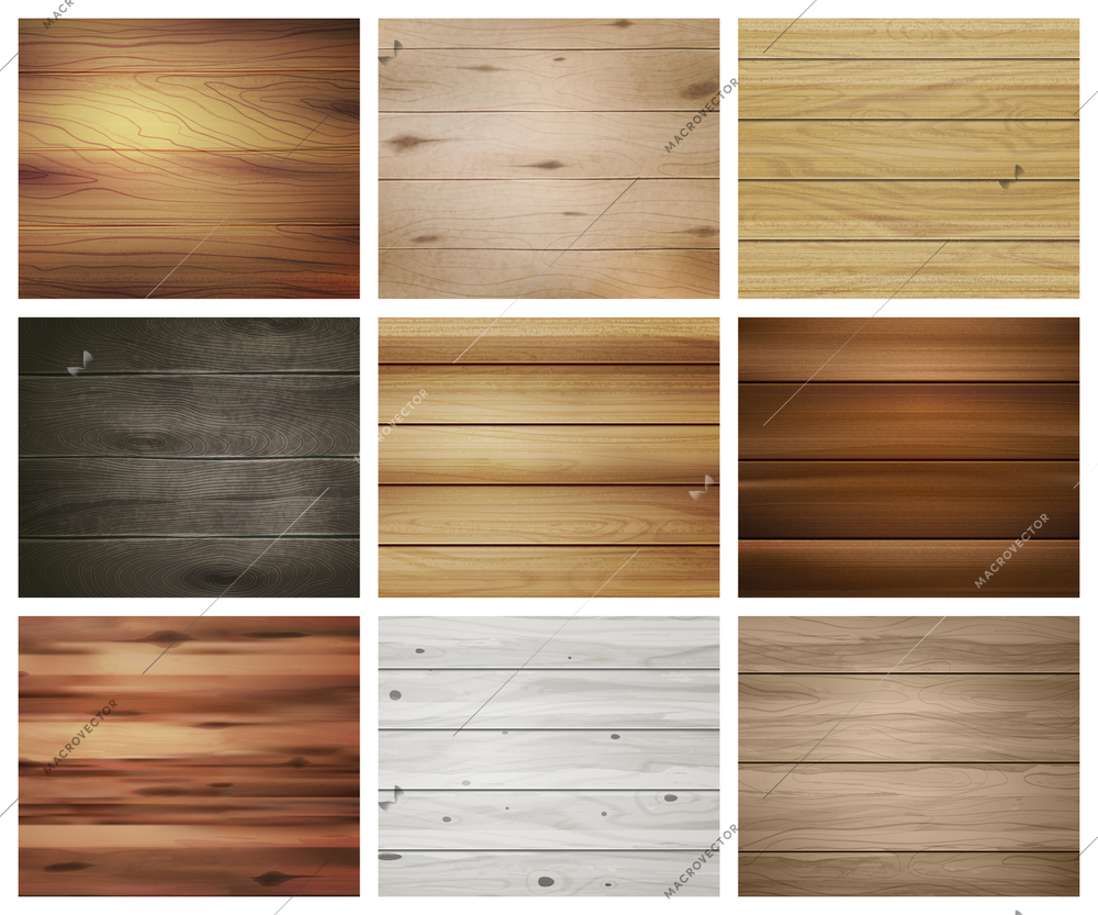 Realistic wooden texture set of nine isolated rectangular images with abstract patterns for wallpapers and tiles vector illustration