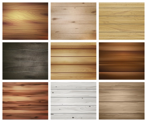 Realistic wooden texture set of nine isolated rectangular images with abstract patterns for wallpapers and tiles vector illustration