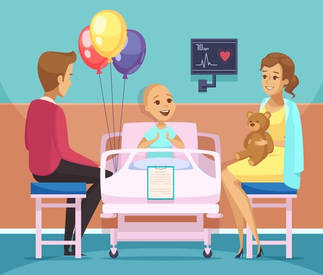 Cancer kid patient composition composition with family and oncology symbols flat vector illustration