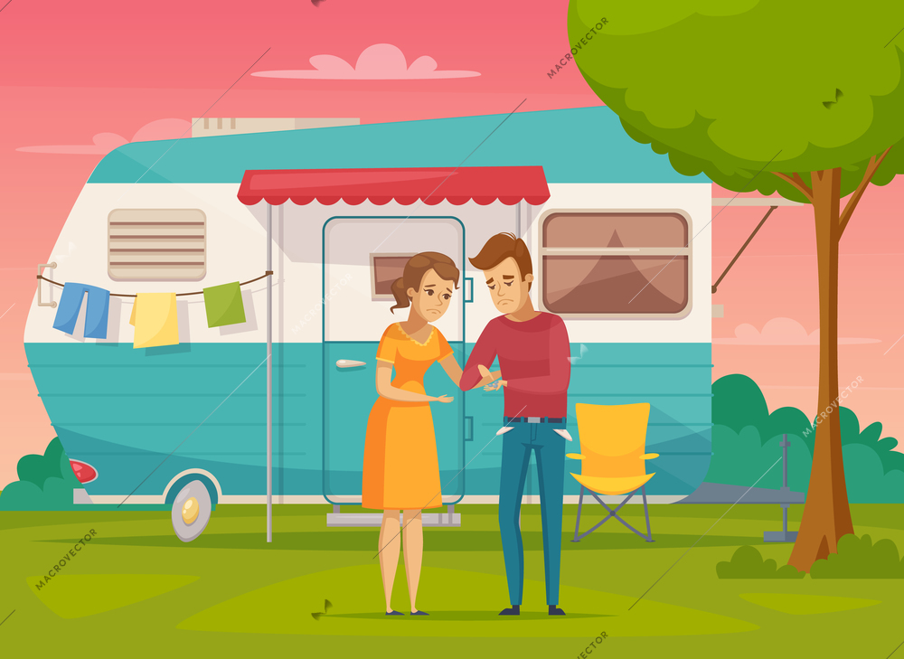 Needy people flat composition with money and trailer symbols vector illustration