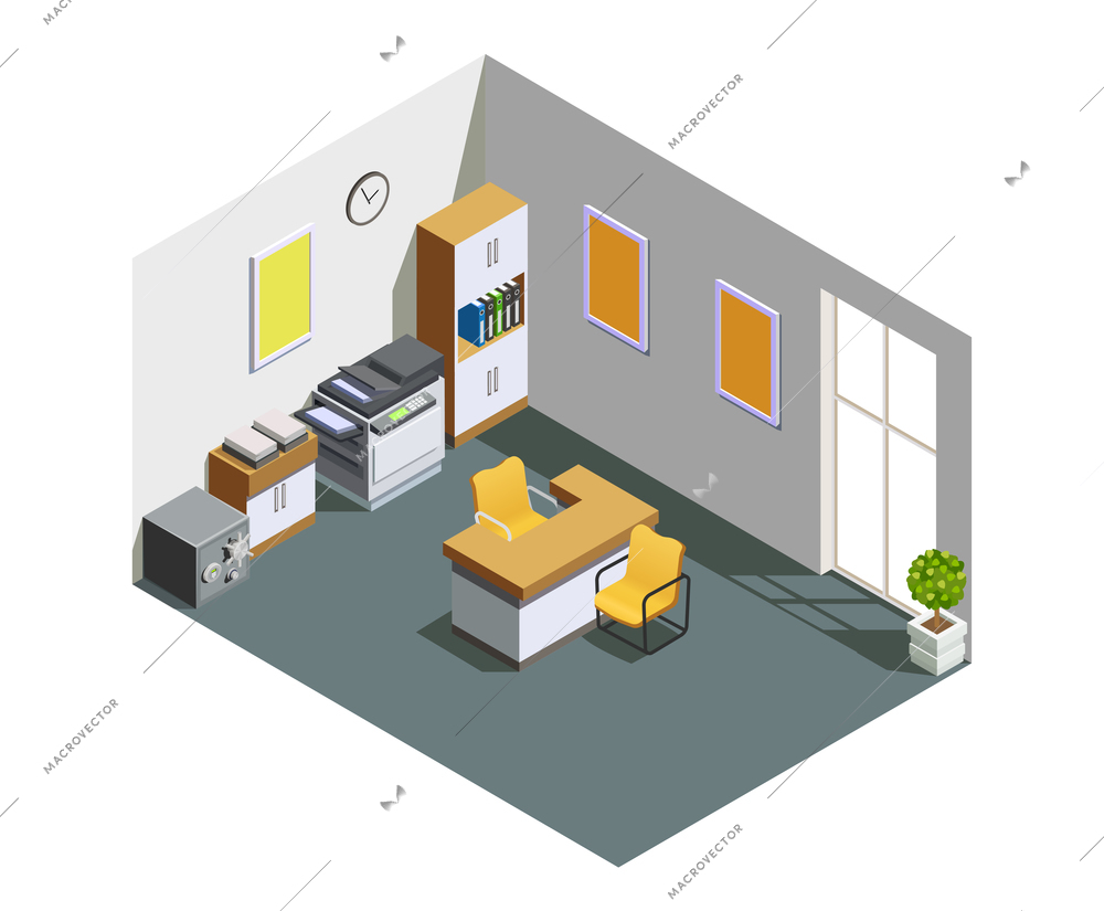 Bank customer assistant clerk office interior isometric view with desk cash box and fax printer vector illustration