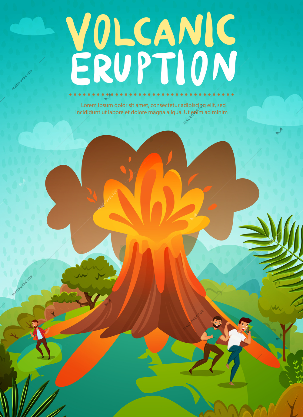 Natural disaster volcano eruption  background with men in panic escaping from flowing lava vector illustration