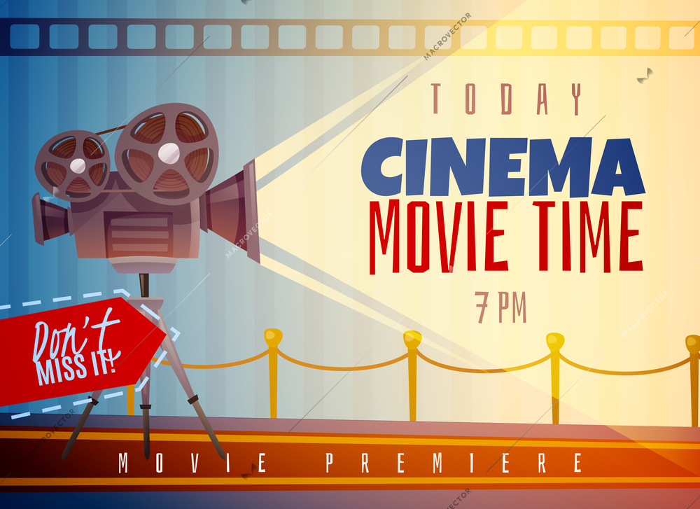 Cinema horizontal poster on blue striped background with reels on video camera and light ray vector illustration