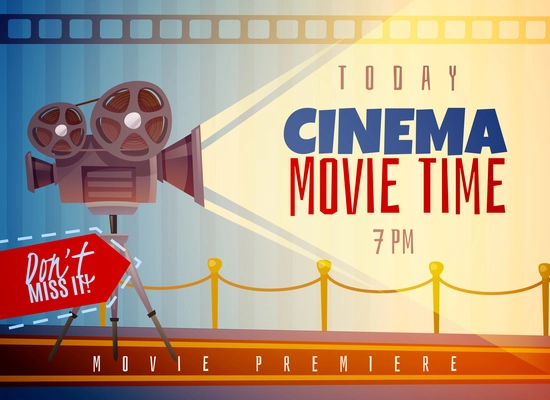 Cinema horizontal poster on blue striped background with reels on video camera and light ray vector illustration