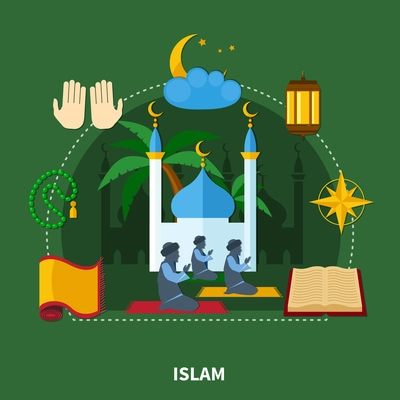 Flat religions colored composition with islam and important elements of this religion vector illustration