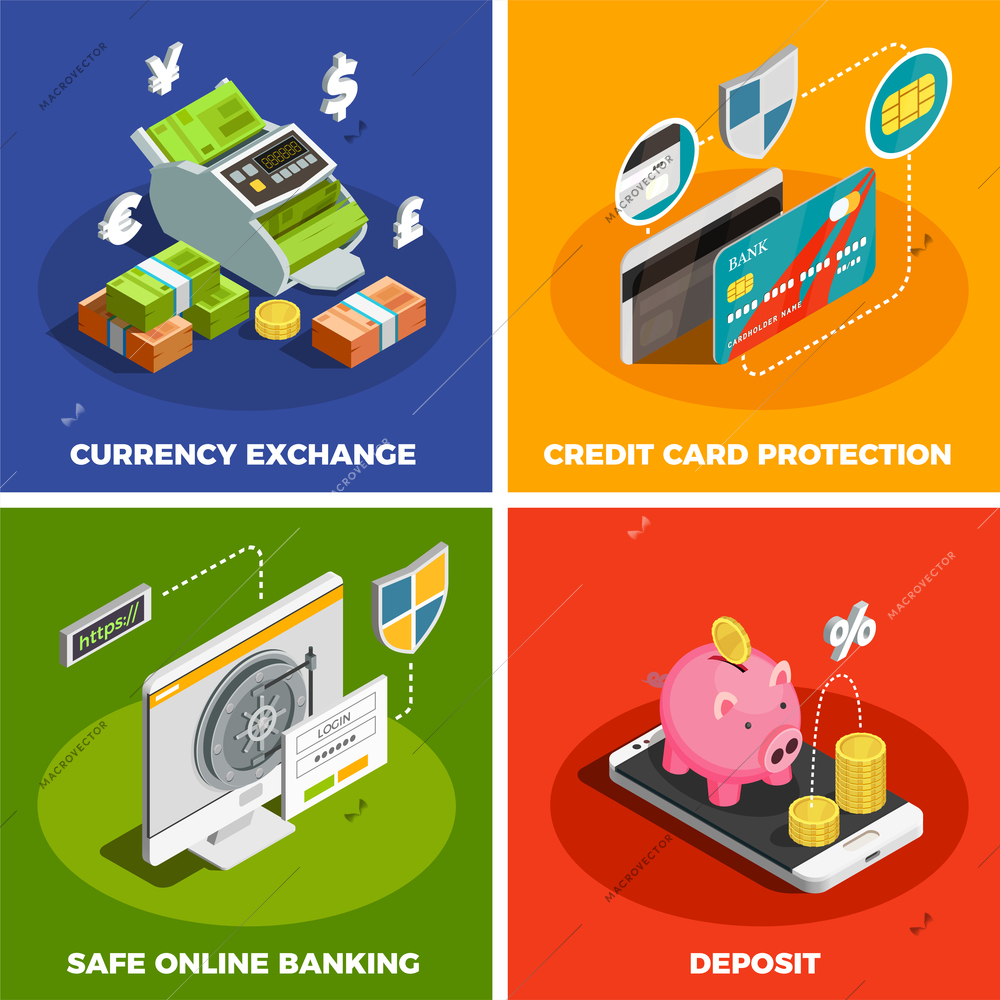 Safe online banking 4 isometric icons square with deposit credit card protection currency exchange isolated vector illustration