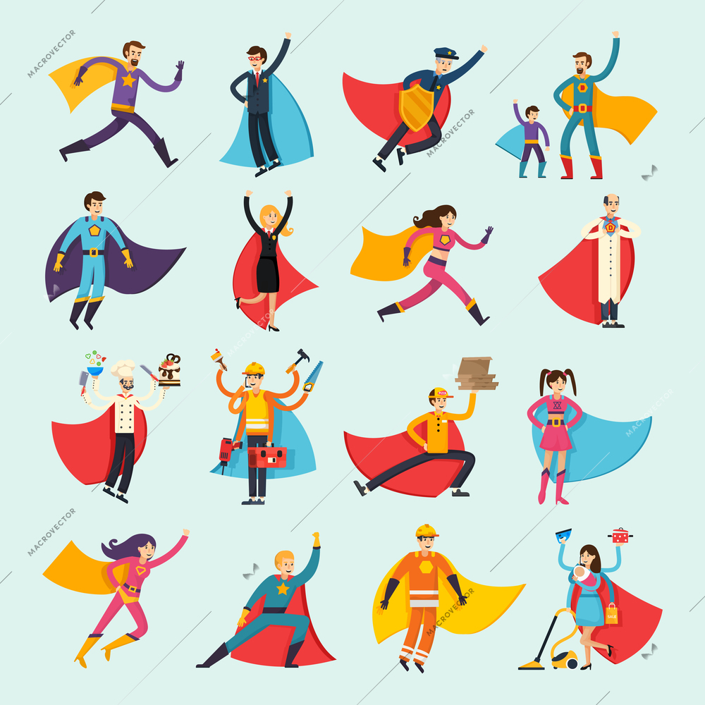 Superheroes orthogonal flat people set including businessman, housewife, chef, doctor and fireman in cloak isolated vector illustration