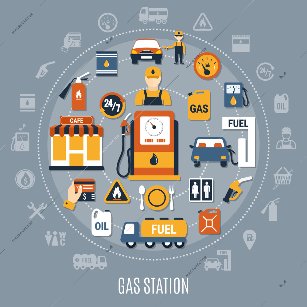 Flat gray fuel pump composition with big circle and flat colored elements vector illustration