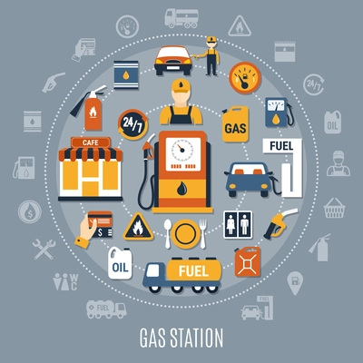 Flat gray fuel pump composition with big circle and flat colored elements vector illustration