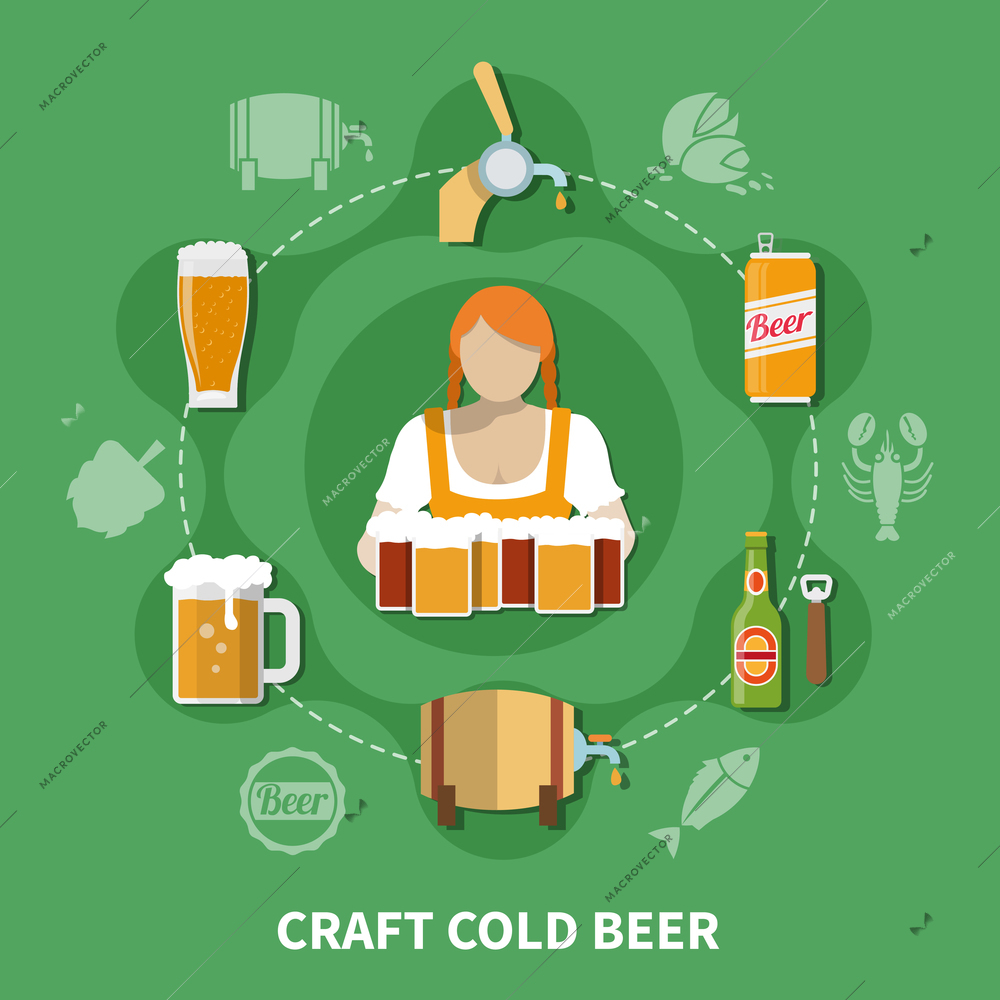 Bottle glass mug and can full of fresh cold lager beer and oktoberfest woman character on green background flat vector illustration