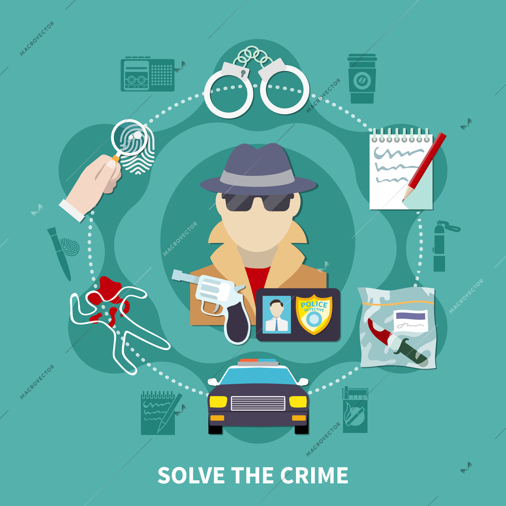 Detective colored composition with solve the crime description and icon set around pic vector illustration