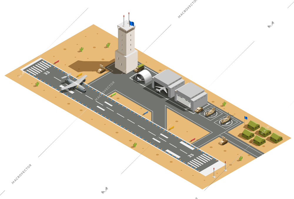 Military air force base army facilities with hangars  helicopters vehicles and landing aircraft isometric composition vector illustration