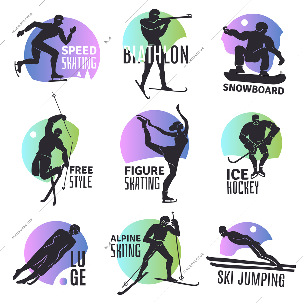 Winter sports emblems set with silhouettes of people involved in ski jumping free style biathlon ice hockey luge flat vector illustration
