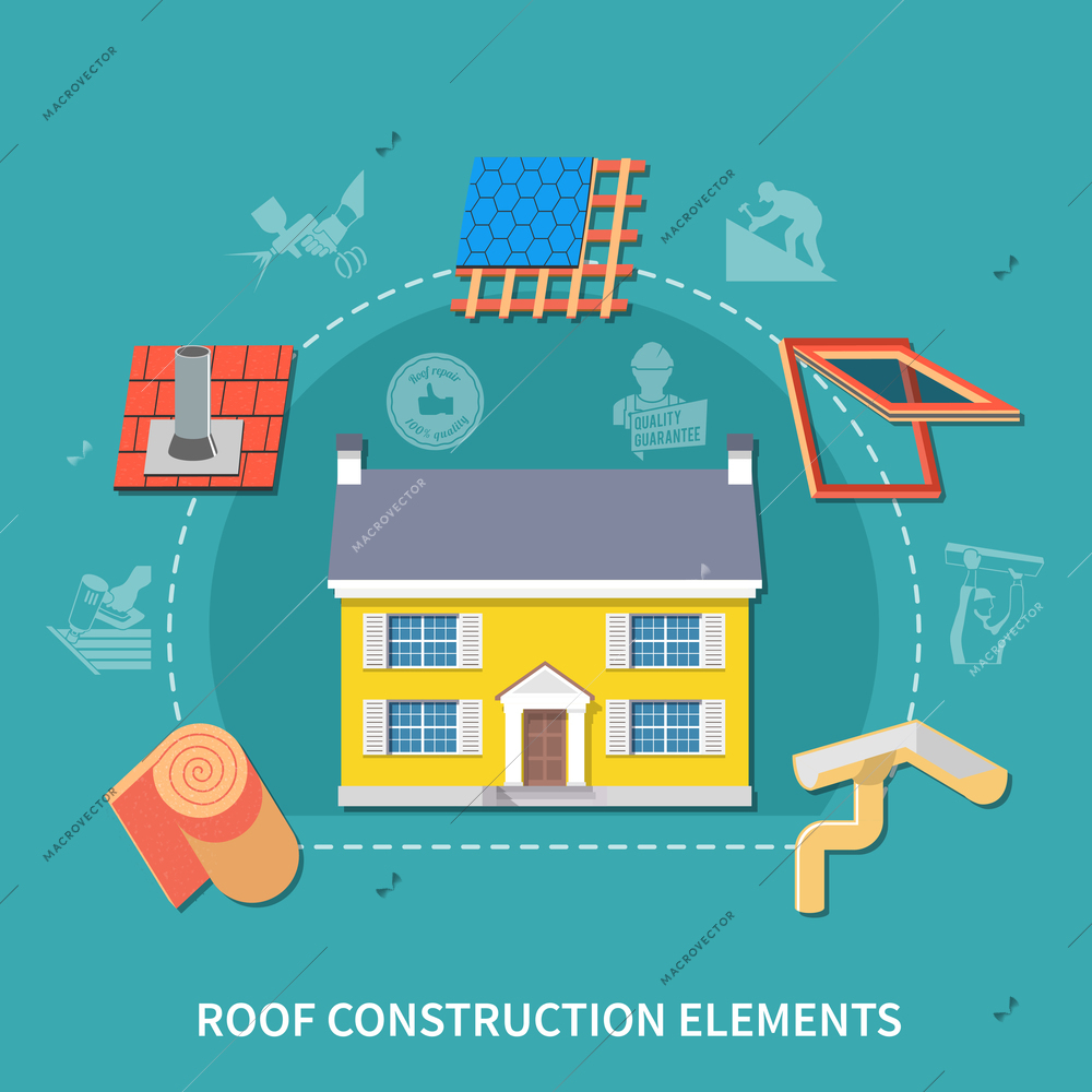 Roofer flat composition with roof construction elements headline and different type of construction elements vector illustration