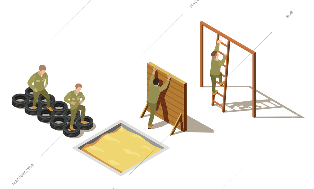 Military personnel primary recruit physical training drills with tire-based and climbing exercises isometric composition vector illustration