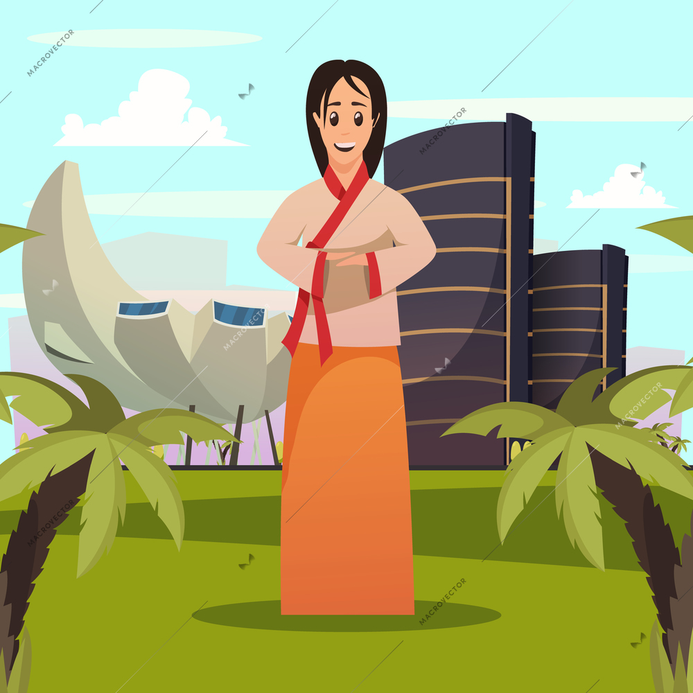 Singapore tourist attractions orthogonal poster with welcoming woman in national clothing and sightseeing landmarks background vector illustration