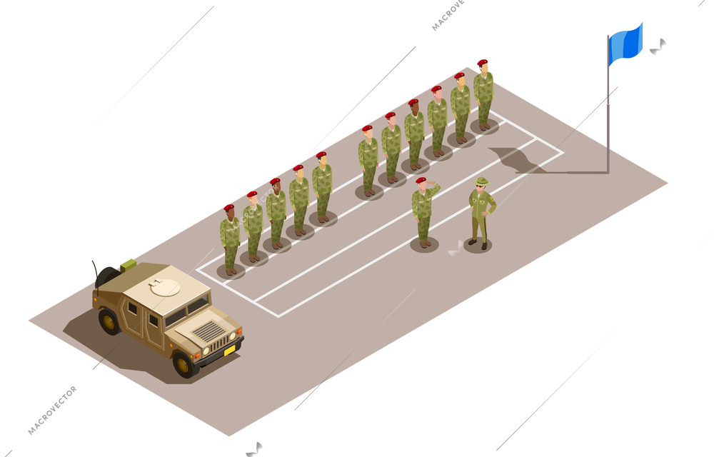 Military contingent row with division commander saluting to superior officer isometric composition with army utility vehicle vector illustration