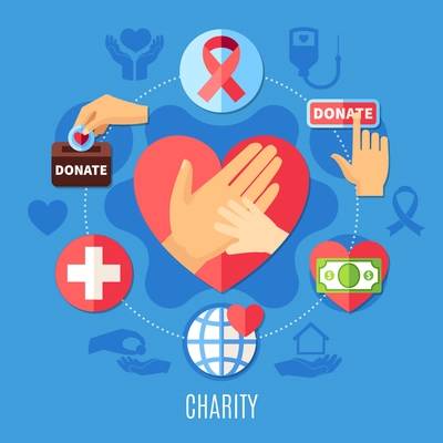 Charity round composition with images human hands making donations and emoji pictograms and silhouette icons vector illustration