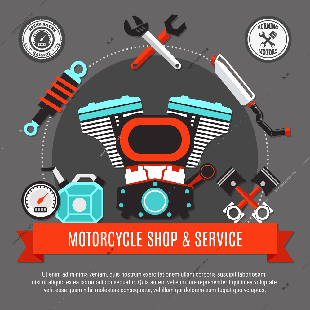 Motorcycle shop and service design concept with engine pistons speedometer exhaust wrench decorative icons flat vector illustration