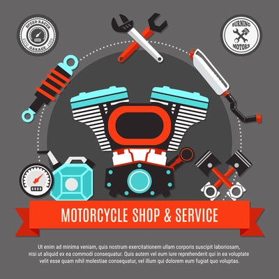 Motorcycle shop and service design concept with engine pistons speedometer exhaust wrench decorative icons flat vector illustration