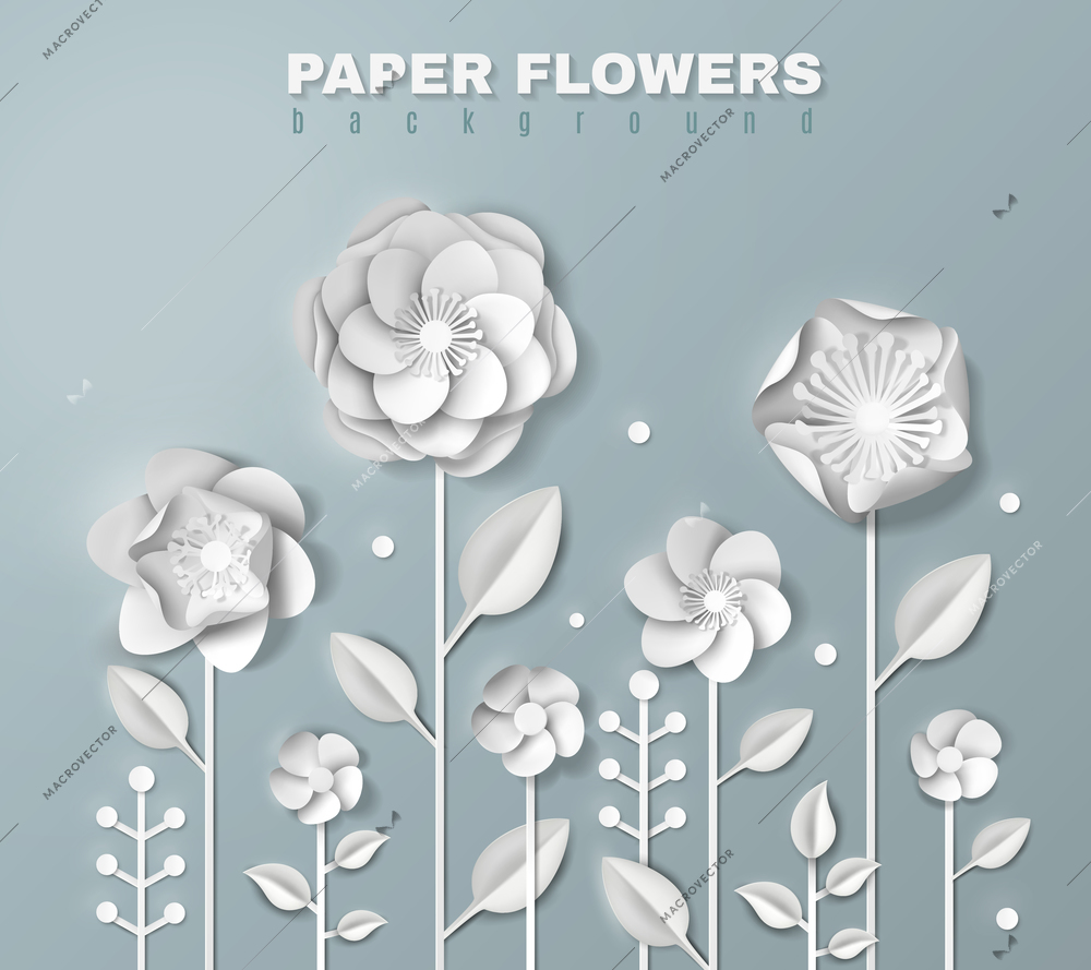 Realistic white paper flowers of various shape on stems with foliage on grey background 3d vector illustration